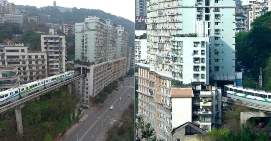 В Китай има едно място на което високоскоростен трамвай минава през 19-етажна жилищна сграда, която е обитаема!
